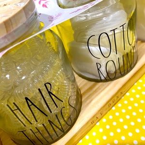 Rae Dunn Clear Hair Things-Cotton Rounds  cute glass jars with wooden lids